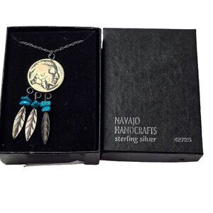 Vintage Navajo Sterling Silver Buffalo Nickel Turquoise Feather Necklace 18 inch